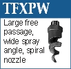 Large free passage and wide angle spiral nozzle