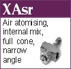 XAsr air atomising, full cone, internal mix narrow spray angle nozzle